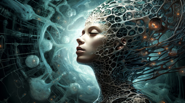 A four-dimensional being stands in a surrealistic, colourful landscape.