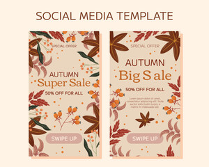 Autumn Super Sale vertical social media stories template design. Frame with maple leaf and orange berry, red and brown leaves branch, copy space. Marketing banner with a discount