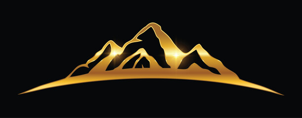 A Vector Illustration of Golden Mountain Logo Vector Illustration in black background with gold shine effect
