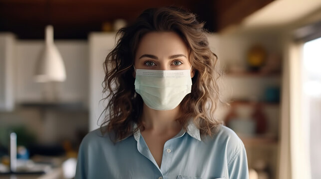 Portrait of Caucasian woman enjoying time at home, social distancing and self isolation in quarantine lockdown, wearing face mask protecting from  coronavirus infection, looking at camera, generative 