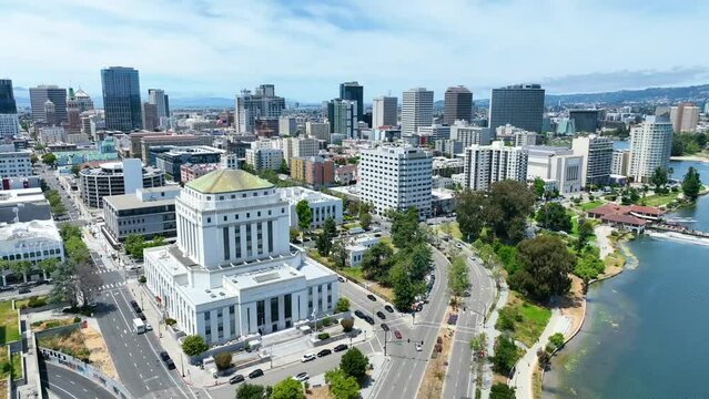 Dolly shot from Lake Merritt aerial into Oakland City