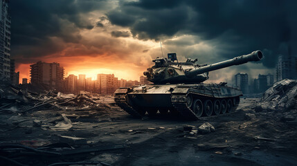  tank is walking in an urban landscape, war, generative ai 