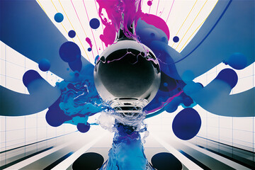 futuristic blue concept background of a spherical sculpture with blue and pink shapes 