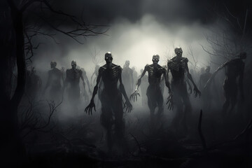 Zombies walking. Skeleton zombies walking on a foggy weather night woods amidst a trees, generative ai