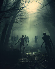 Fototapeta premium Zombies walking. Skeleton zombies walking on a foggy weather night woods amidst a trees, generative ai