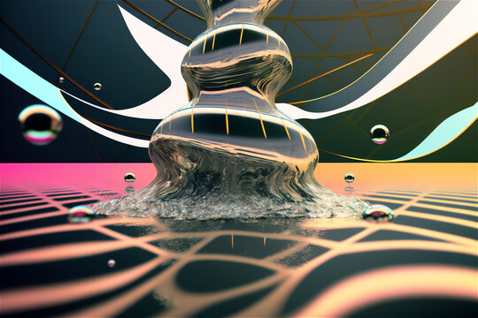 an abstract waterfall that is made of liquid, in the style of retro futurism, surrealistic grotesque, bulbous, contrasting lights and darks, spiral group, seapunk