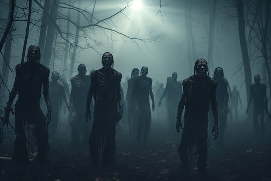Zombies walking. Skeleton zombies walking on a foggy weather night woods amidst a trees, generative ai
