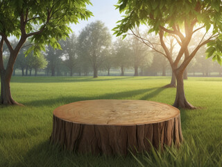 Tree Table wood Podium for product presentation on nature background with grass, trees, and Sunlight in the morning