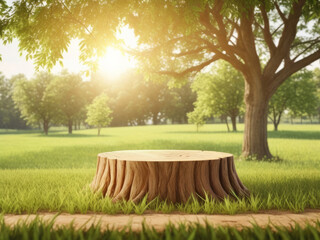 Tree Table wood Podium for product presentation on nature background with grass, trees, and Sunlight in the morning