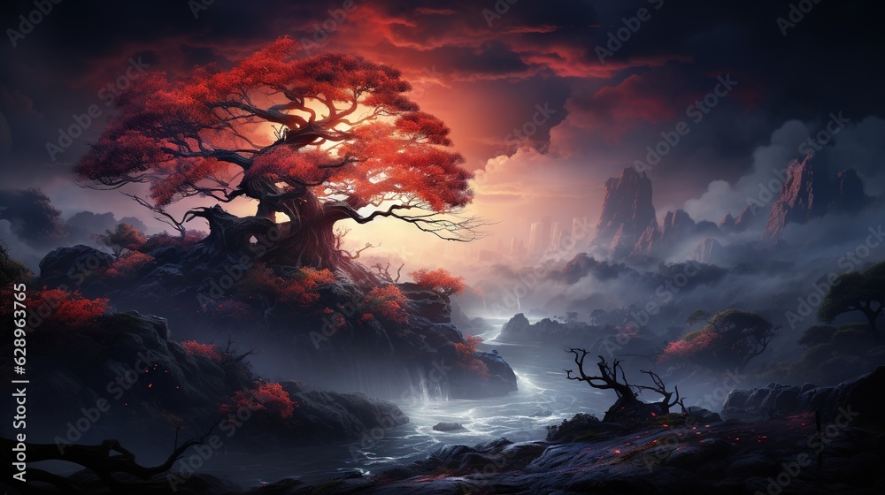 Wall mural a painting of a red tree in the middle of a river. generative ai