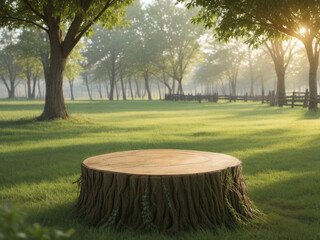 Tree Table wood Podium for product presentation on nature background with grass, trees, and Sunlight in the morning