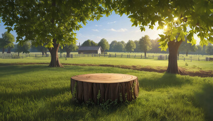 Tree Table wood Podium for product presentation on nature background with grass, trees, and Sunlight in the morning
