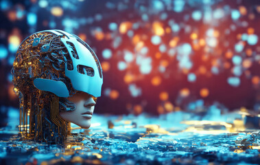 A detailed illustration of a brain made of a printed circuit board, glowing with a bright blue light.