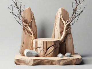 wooden Podium on a table with sunlight surrounded by plants and rocks. Empty showcase for product presentation.