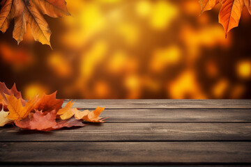 Naklejka na ściany i meble wooden table with orange leaves autumn background. High quality photo