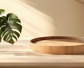 Rounded wooden Podium on a table with sunlight surrounded by tropical plants. Empty showcase for product presentation.