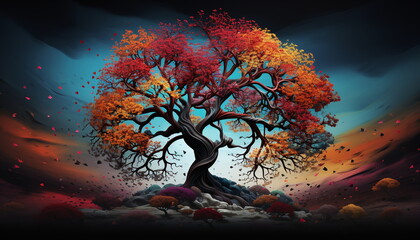 Farbiger Baum vor schwarzem Hintergrund, 2, Ai generiert - obrazy, fototapety, plakaty