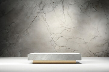 stone and concrete podium in Bricks background. Empty showcase for packaging product presentation. Background for cosmetic products. Mock up pedestal.