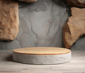 stone and concrete podium in Bricks background. Empty showcase for packaging product presentation. Background for cosmetic products. Mock up pedestal.