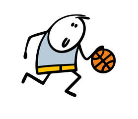 Young basketball player runs with orange ball to the opponent basket. Vector illustration of a sporty guy.