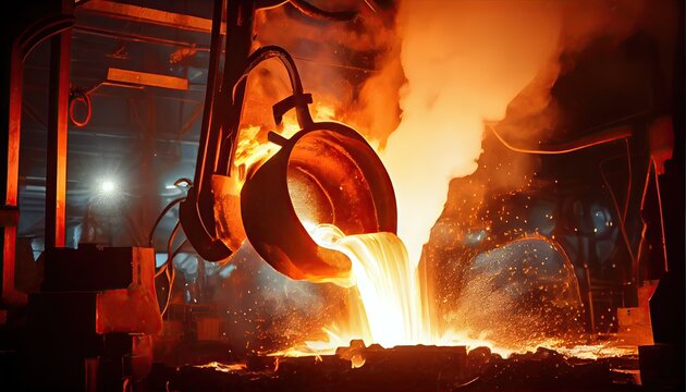 Liquid steel is poured from a metallurgical ladle