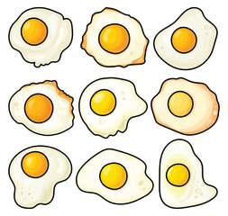 Fried egg isolated color set icon. Vector color set icon protein of yellow. Vector illustration fried egg on white background.