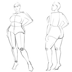 The curvy fashion templates. Croquis. A figure of a curve model on a white background. Plus size woman. 
.
