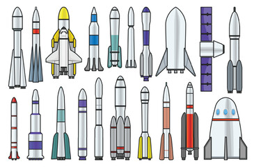 Space rocket vector color set icon. Spaceship isolated color set icon. Vector illustration space rocket on white background.