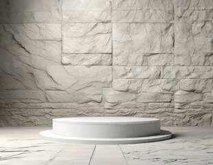 stone and concrete podium in Bricks background. Empty showcase for packaging product presentation. Background for cosmetic products. Mock up pedestal.