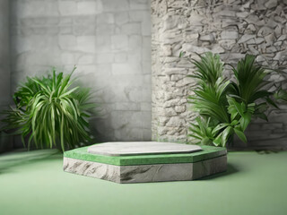 Natural stone and concrete podium in Moss Bricks background. Empty showcase for packaging product presentation. Background for cosmetic products, scene with green leaves. Mock up pedestal.