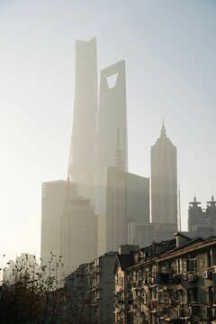 Vertical view of Shanghai skyline with skyscraper buildings in the distance