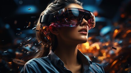 Beautiful woman with curly hair in a futuristic dress over dark background young woman in glasses of virtual reality, game, futuristic technology concept.