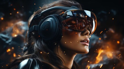 Beautiful woman with curly hair in a futuristic dress over dark background young woman in glasses of virtual reality, game, futuristic technology concept.