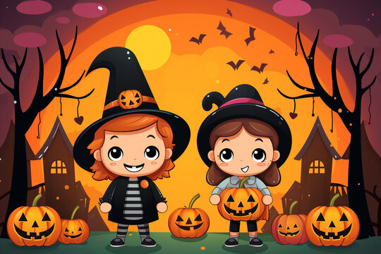 Colorful halloween illustration of kids dressed in costumes going on trick or treat. High quality photo