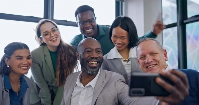 Selfie, silly and group of business people in the office for team building or collaboration meeting. Happy, diversity and goofy professional corporate friends taking picture together in the workplace
