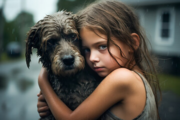 Girl and a small, wet, dog. Generative AI.
