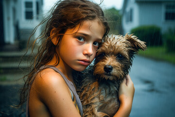 Girl and a small, wet, dog. Generative AI.