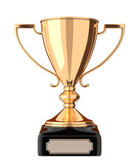 Golden trophy cup isolated on white background. Victory, best product, service or employee, first place concept. Png clipart isolated on transparent background