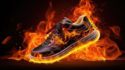 Fototapeta premium Burning shoes. Sneakers or gym shoes on fire. burnout from physical exertion, training