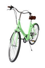 Fototapeta na wymiar Green retro bicycle, generic clean and new. Brown leather saddle and handles, front view. Vintage look city bike. Png isolated on transparent background