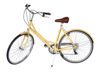 Fototapeta na wymiar Yellow retro bicycle, generic clean and new. Brown leather saddle and handles. Vintage look city bike. Png isolated on transparent background