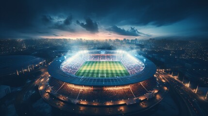 Aerial Shot of a Whole Stadium with Soccer Championship Match. Teams Play, Crowd of Fans Cheer. Football Tournament, Cup Broadcast. - obrazy, fototapety, plakaty