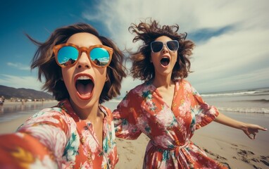Girls Taking a Selfie on the Beach. Generative AI