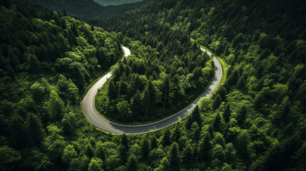 Fototapeta premium Aerial view of a road in the middle of the green forest , road curve up to mountain. Travel with car concept.