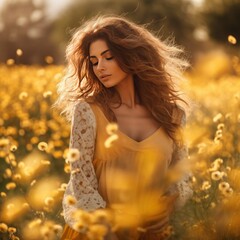 An exquisitely retouched image captures a lone woman, immersed in a field brimming with radiant dandelions, as she luxuriates in the ethereal beauty of nature.