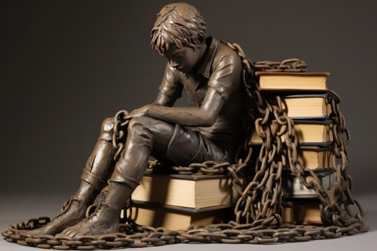 A poignant sculpture unveils a child striving to extract a book from a stack bound in heavy chains, symbolizing the arduous quest for knowledge amidst societal oppression.