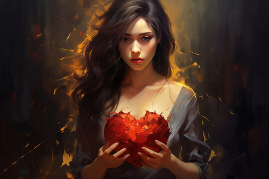 Woman with a broken heart, oil on canvas. High quality photo
