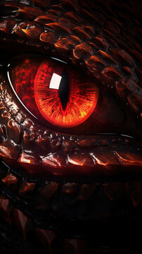 Close-up of dragon eye. fantasy dragon with red eye, generative ai 