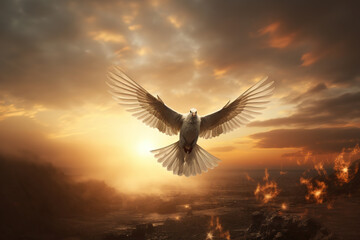 Fototapeta premium dove of peace flies over the landscape, generative ai 