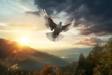 dove of peace flies over the landscape, generative ai 